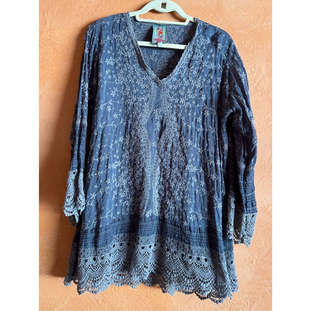 Johnny Was Embroidered Cupra Rayon Tunic Blouse Lace Trim Boho Top Medium